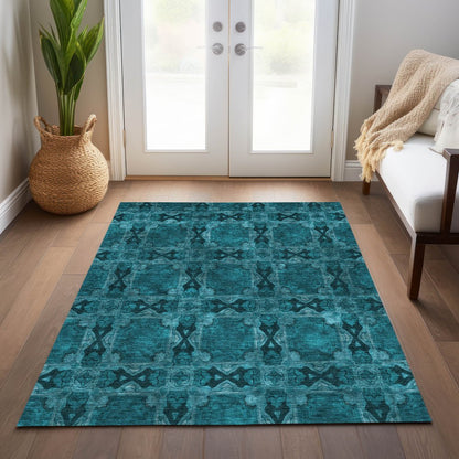 9' X 12' Teal Floral Medallion Washable Non Skid Indoor Outdoor Area Rug