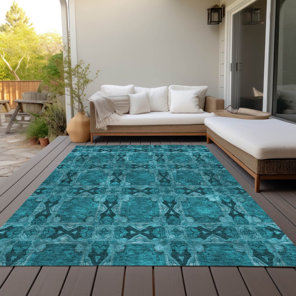 9' X 12' Teal Floral Medallion Washable Non Skid Indoor Outdoor Area Rug