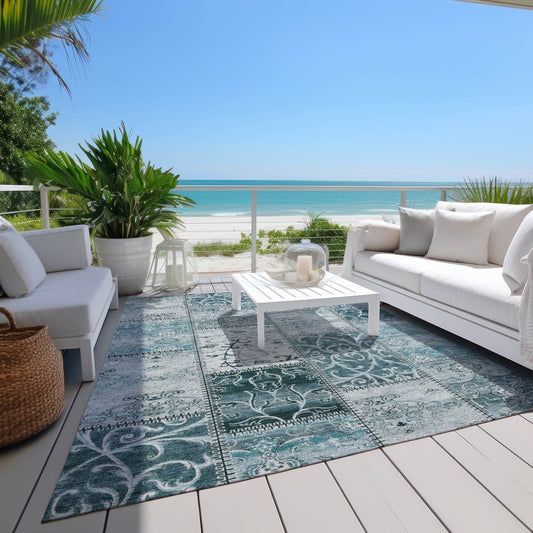 9' X 12' Teal Patchwork Washable Non Skid Indoor Outdoor Area Rug