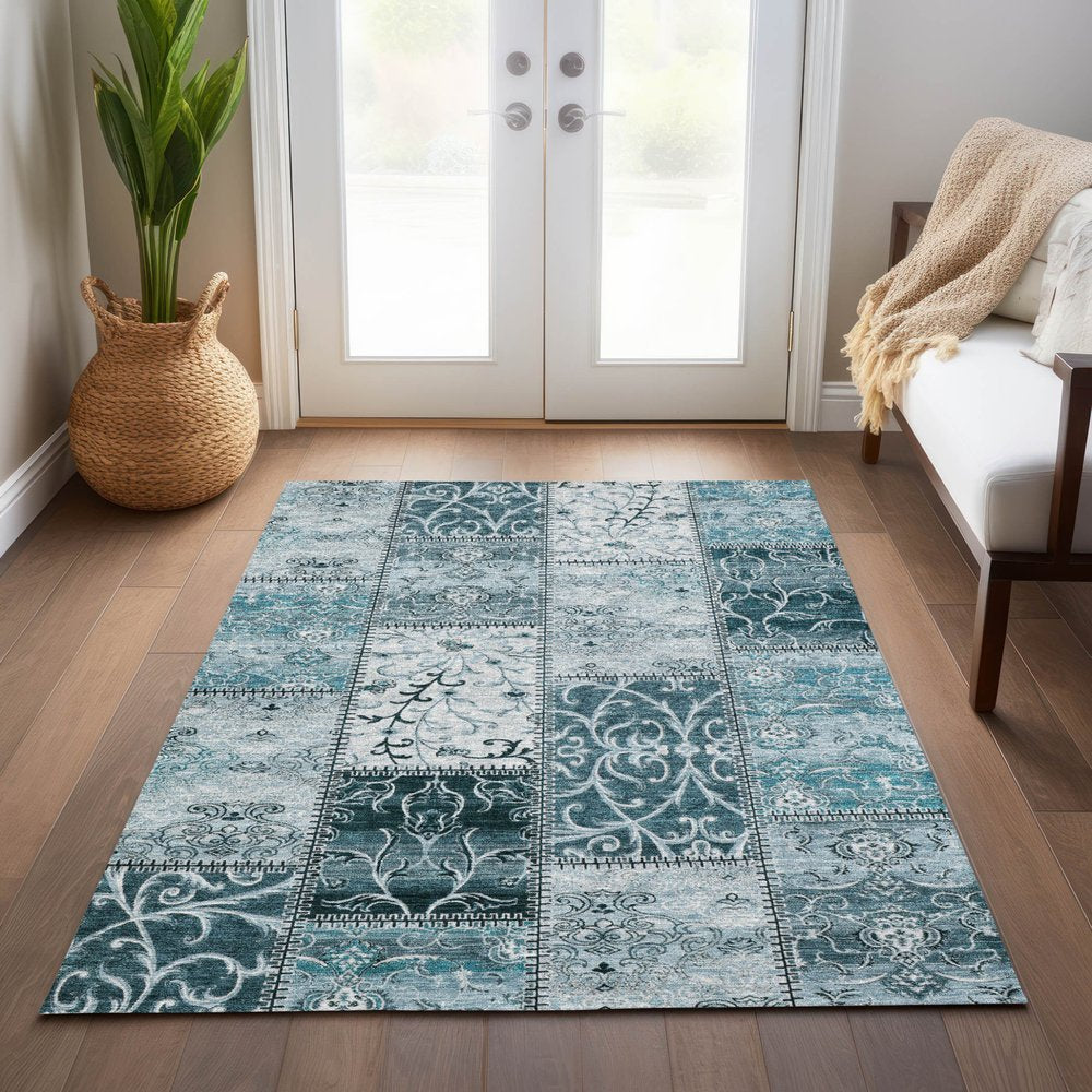 9' X 12' Teal Patchwork Washable Non Skid Indoor Outdoor Area Rug
