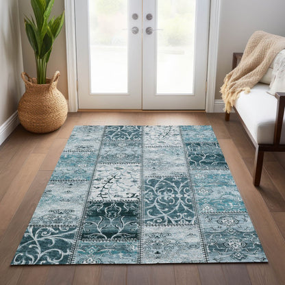 9' X 12' Teal Patchwork Washable Non Skid Indoor Outdoor Area Rug