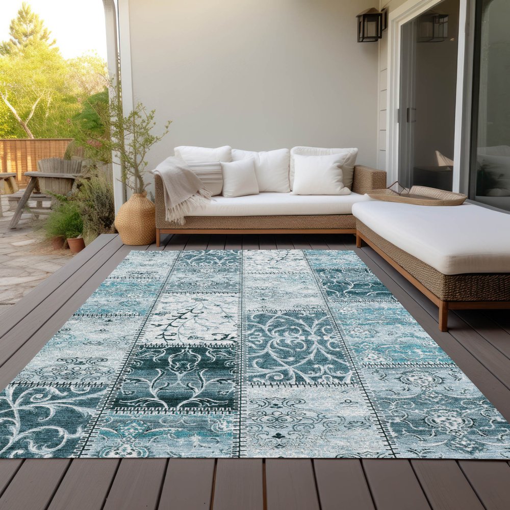 9' X 12' Teal Patchwork Washable Non Skid Indoor Outdoor Area Rug