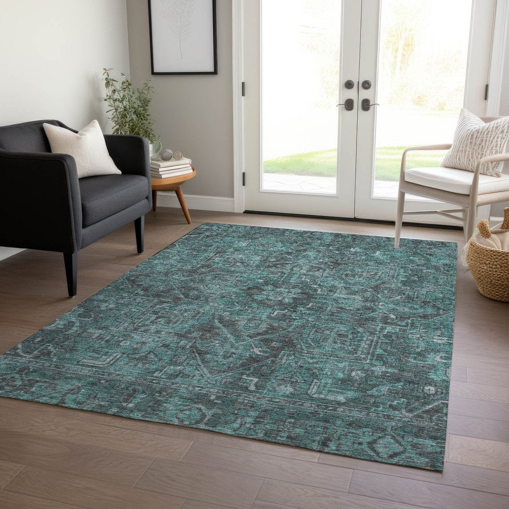 9' X 12' Turquoise Oriental Washable Non Skid Indoor Outdoor Area Rug