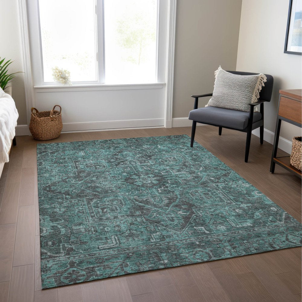 9' X 12' Turquoise Oriental Washable Non Skid Indoor Outdoor Area Rug