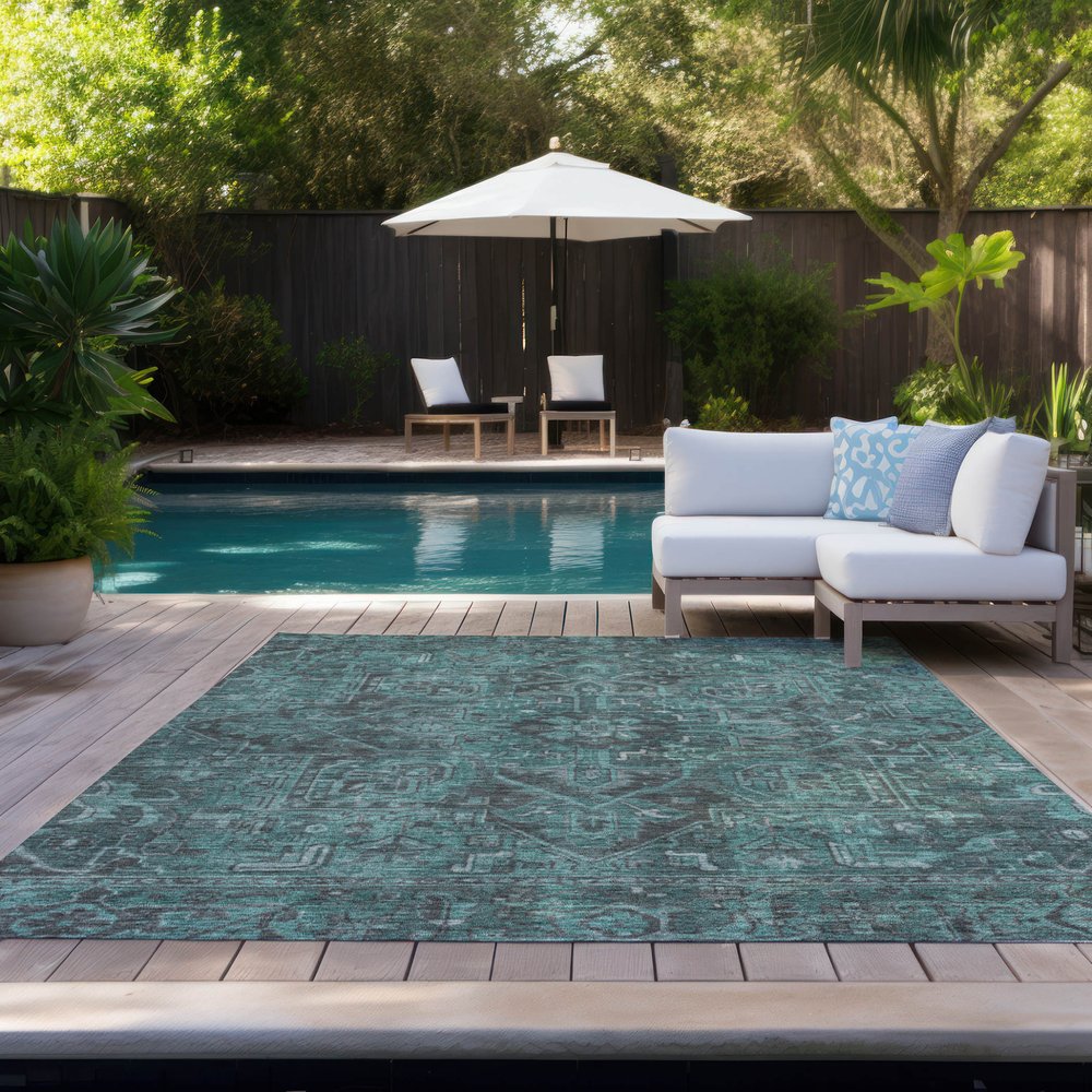 9' X 12' Turquoise Oriental Washable Non Skid Indoor Outdoor Area Rug