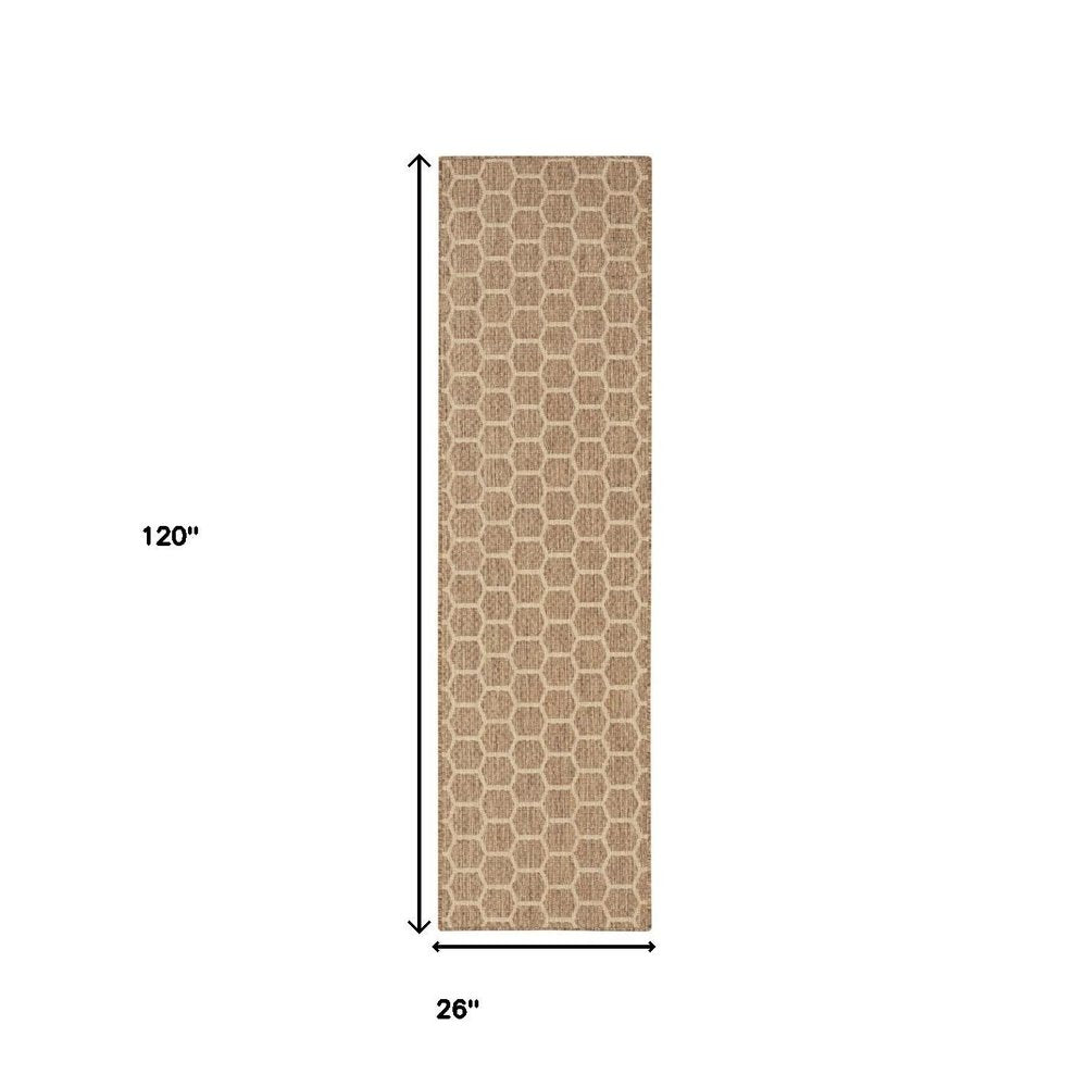 10' Natural And Beige Geometric Indoor Outdoor Runner Rug