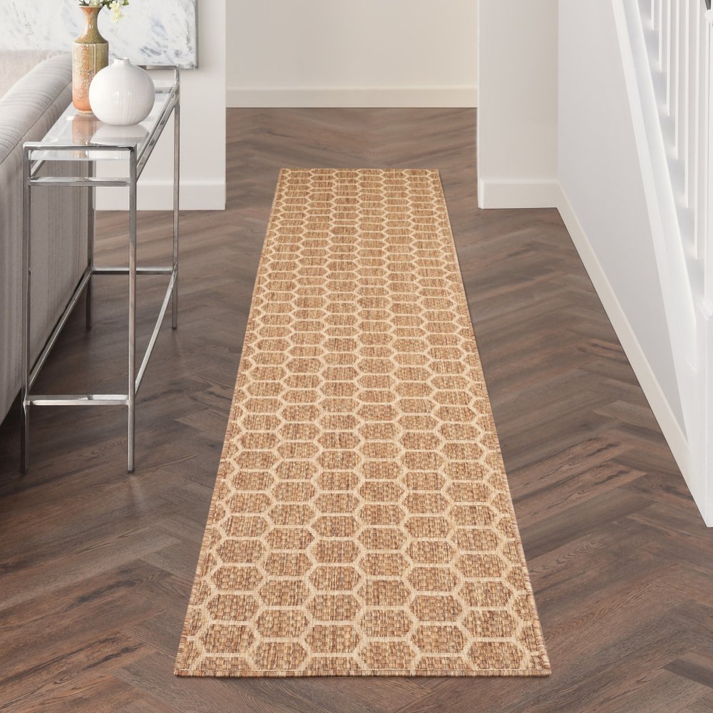 10' Natural And Beige Geometric Indoor Outdoor Runner Rug