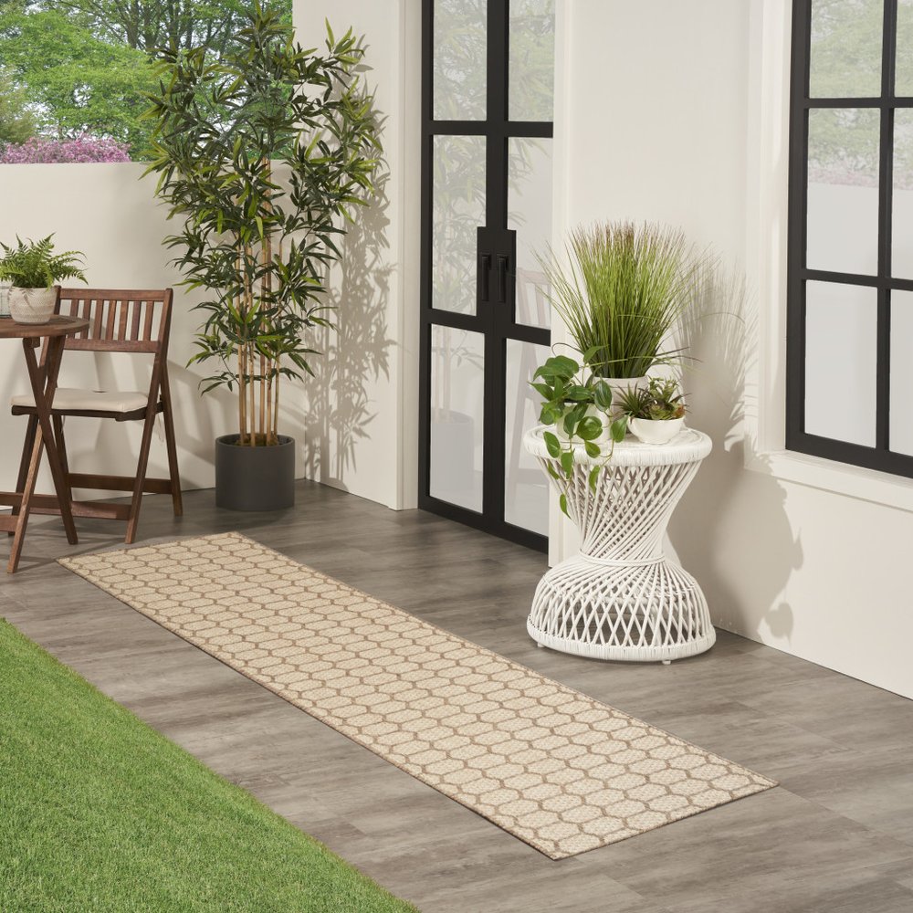 10' Natural And Beige Geometric Indoor Outdoor Runner Rug
