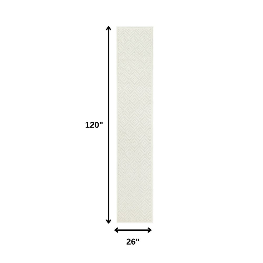 10' Ivory And White Geometric Indoor Outdoor Runner Rug