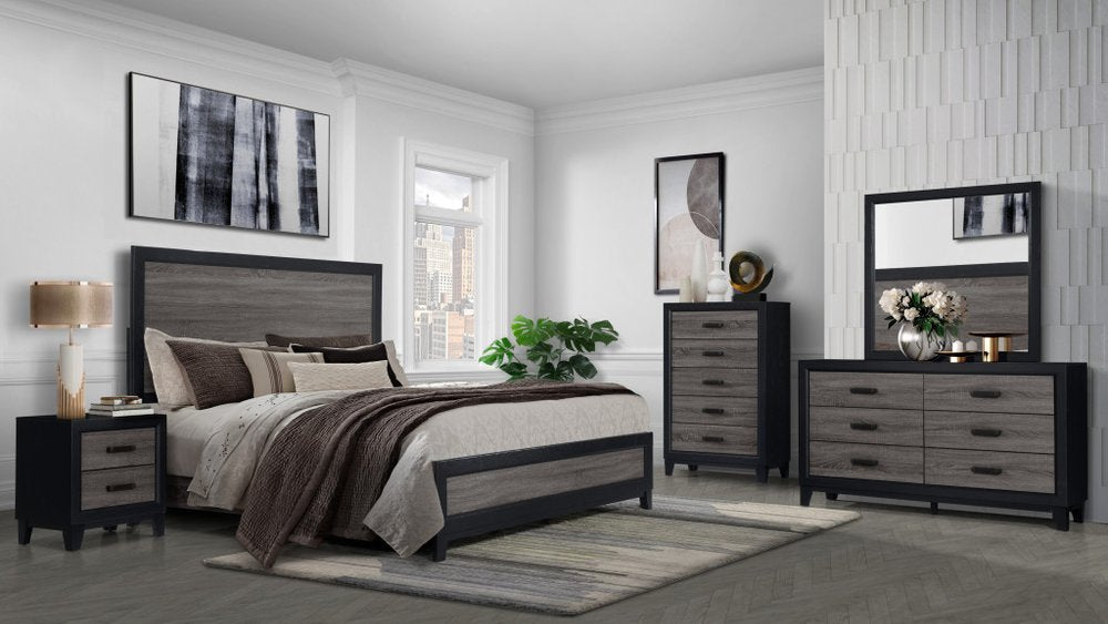 Cómoda doble de madera negra y gris de 58" con seis cajones