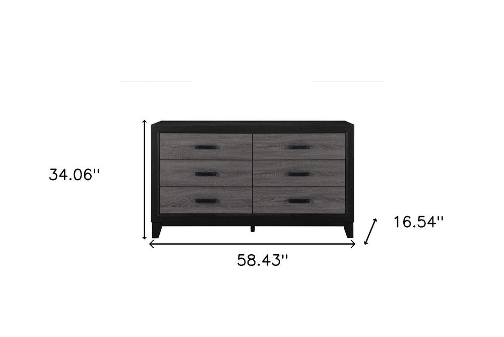 Cómoda doble de madera negra y gris de 58" con seis cajones