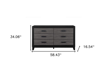 Cómoda doble de madera negra y gris de 58" con seis cajones