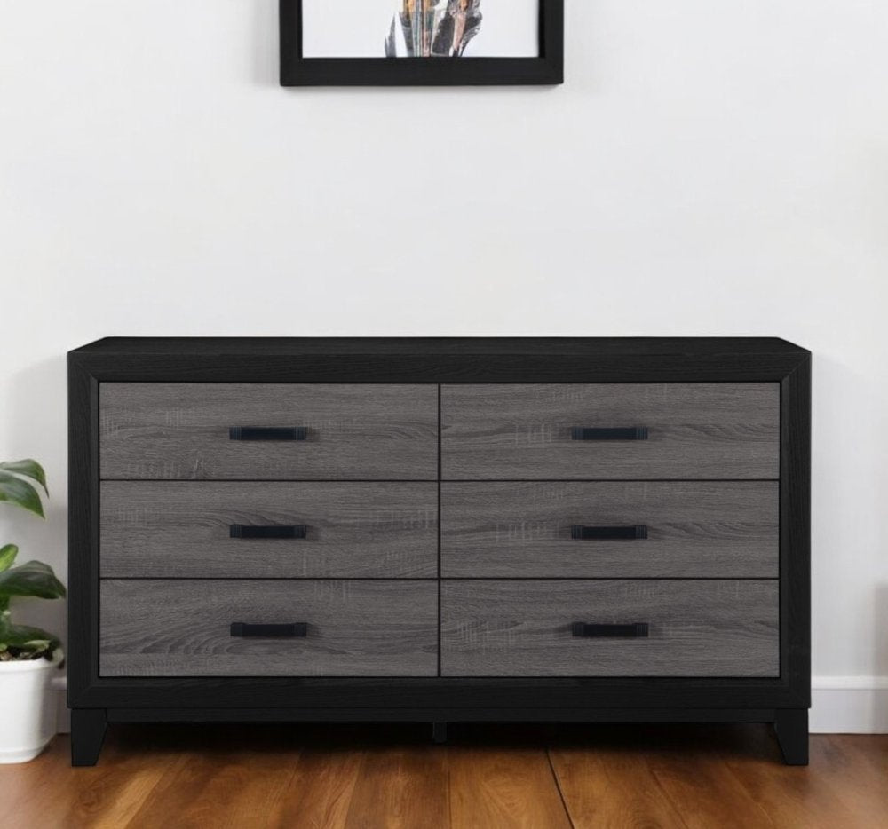 Cómoda doble de madera negra y gris de 58" con seis cajones