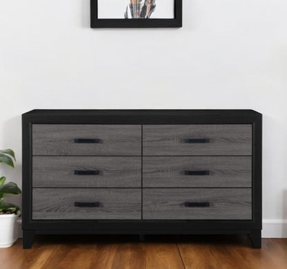 Cómoda doble de madera negra y gris de 58" con seis cajones