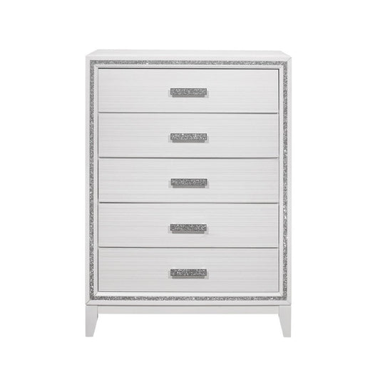 Cómoda de cinco cajones de 124 cm, con iluminación, en blanco, plateado, imitación madera y cristales brillantes