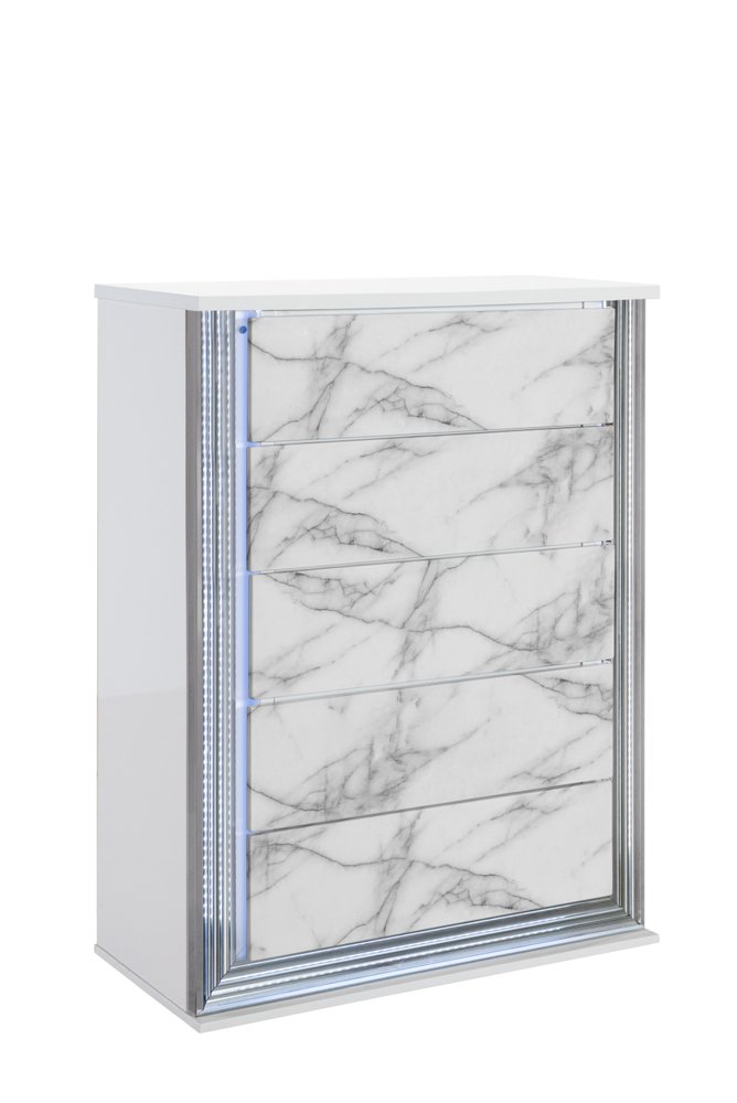 Cómoda de cinco cajones iluminada de 49" con imitación de mármol blanco y plateado