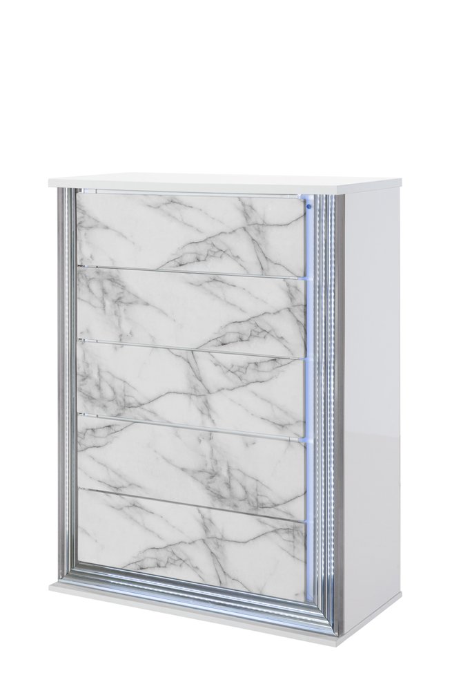 Cómoda de cinco cajones iluminada de 49" con imitación de mármol blanco y plateado