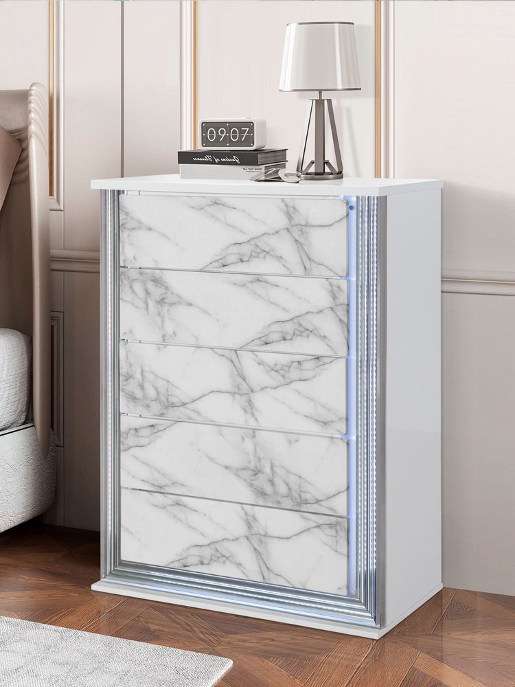 Cómoda de cinco cajones iluminada de 49" con imitación de mármol blanco y plateado
