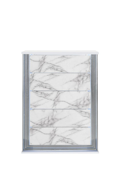 Cómoda de cinco cajones iluminada de 49" con imitación de mármol blanco y plateado