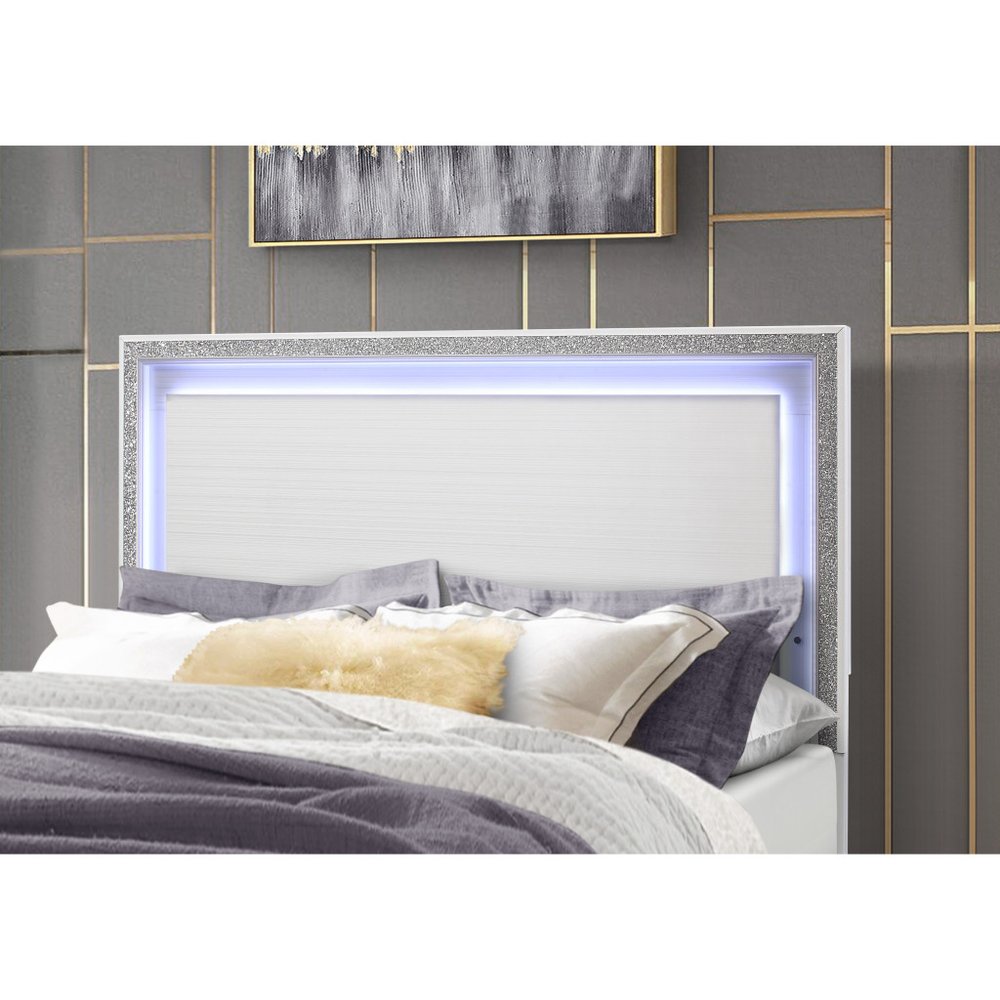 Marco de cama tamaño king con iluminación brillante de madera blanca y cristales sintéticos