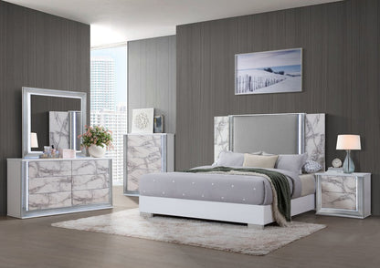 White and Gray Wood And Faux Leather Lighted King Bed Frame