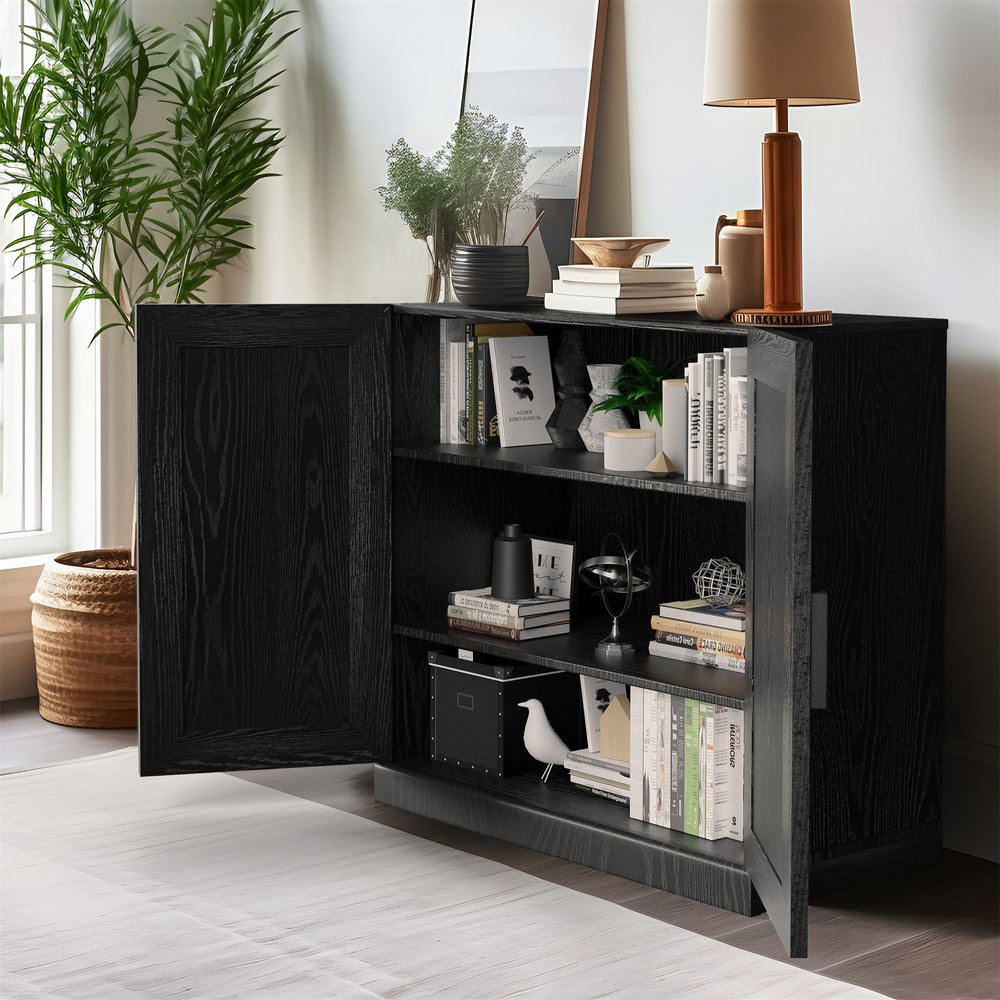 31" Black Textured Door Accent Cabinet With Three Shelves