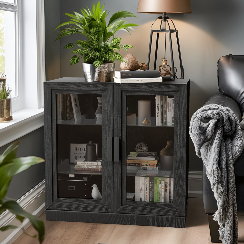 Gabinete decorativo de 31" con puerta de vidrio transparente y negro y tres estantes