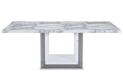 79" Light Gray and White Marble and Wood Pedestal Base Dining Table