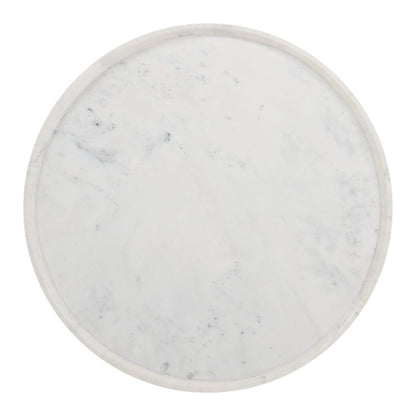 35" White and Natural Wood And Faux Marble Round Pedestal Coffee Table