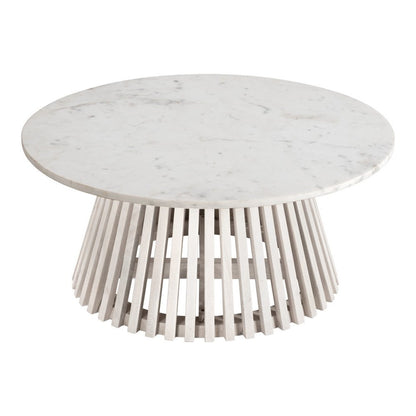 32" White and Natural Genuine Marble and Solid Wood Round Drum Coffee Table