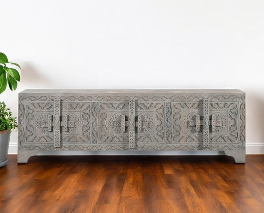 79" Gray Carved Scrollwork Distressed Solid Wood Enclosed Storage TV Stand