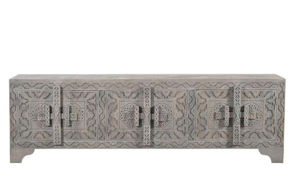 79" Gray Carved Scrollwork Distressed Solid Wood Enclosed Storage TV Stand