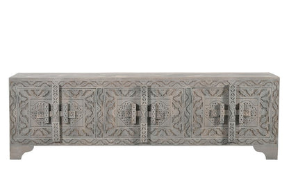79" Gray Carved Scrollwork Distressed Solid Wood Enclosed Storage TV Stand