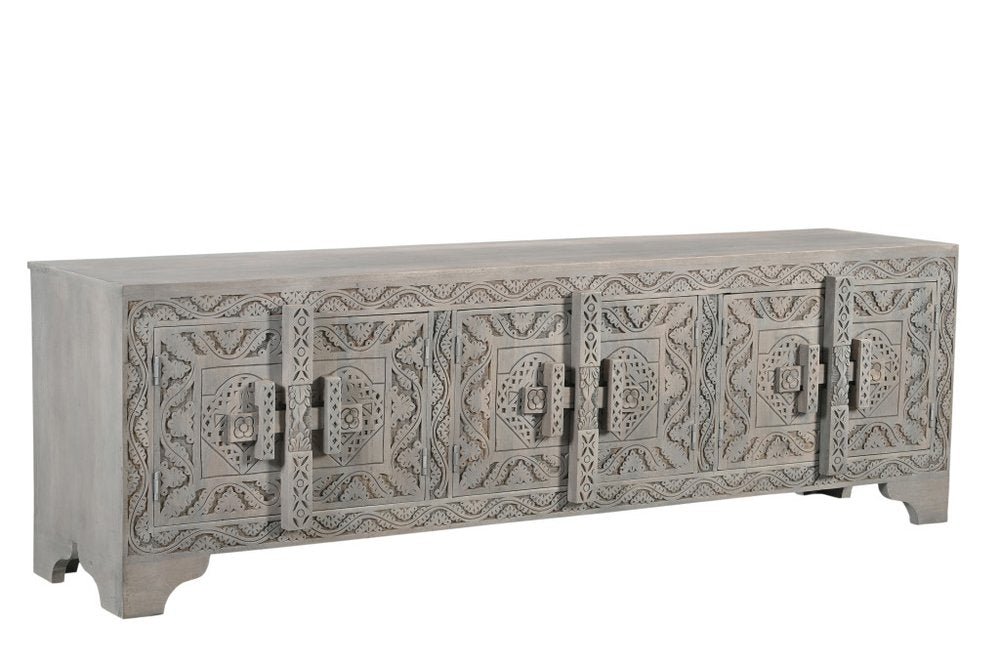 79" Gray Carved Scrollwork Distressed Solid Wood Enclosed Storage TV Stand