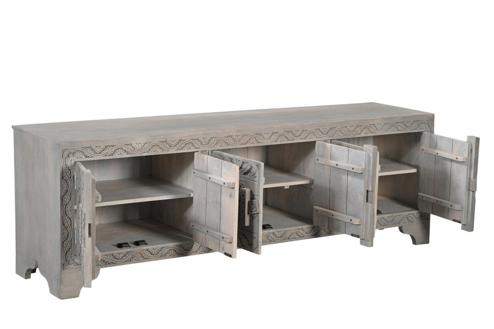 79" Gray Carved Scrollwork Distressed Solid Wood Enclosed Storage TV Stand