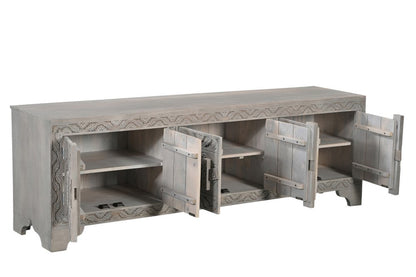 79" Gray Carved Scrollwork Distressed Solid Wood Enclosed Storage TV Stand
