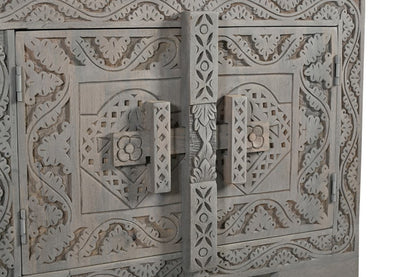 79" Gray Carved Scrollwork Distressed Solid Wood Enclosed Storage TV Stand