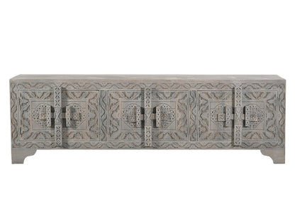 79" Gray Carved Scrollwork Distressed Solid Wood Enclosed Storage TV Stand