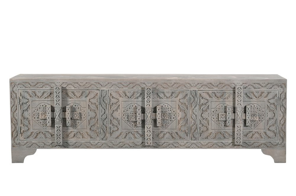 79" Gray Carved Scrollwork Distressed Solid Wood Enclosed Storage TV Stand