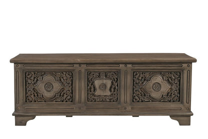 54" Brown Carved Floral Solid Wood Storage Ottoman