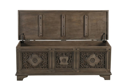 54" Brown Carved Floral Solid Wood Storage Ottoman