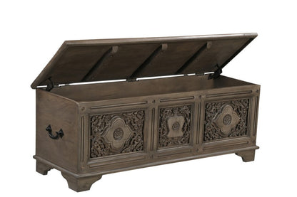 54" Brown Carved Floral Solid Wood Storage Ottoman