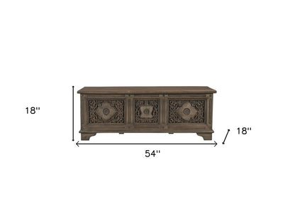 54" Brown Carved Floral Solid Wood Storage Ottoman