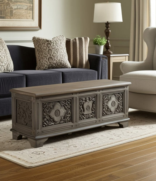 54" Brown Carved Floral Solid Wood Storage Ottoman
