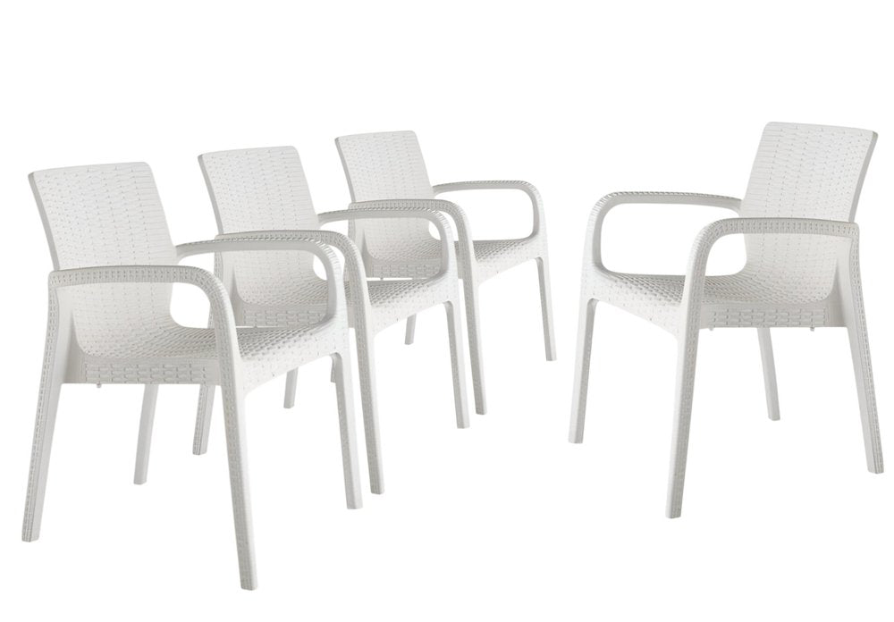 Juego de cuatro sillas apilables para exteriores de 61 cm de ratán sintético blanco de plástico resistente