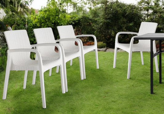 Juego de cuatro sillas apilables para exteriores de 61 cm de ratán sintético blanco de plástico resistente