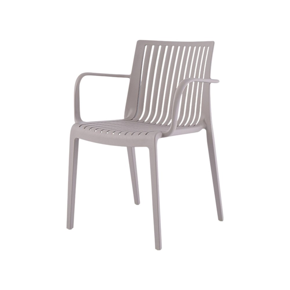 Juego de cuatro sillas apilables para exteriores de plástico resistente color topo de 22"
