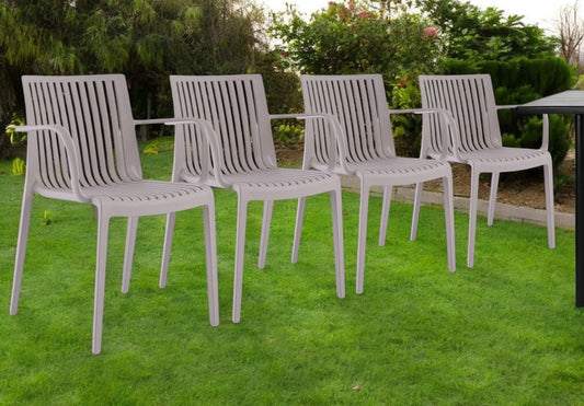 Juego de cuatro sillas apilables para exteriores de plástico resistente color topo de 22"
