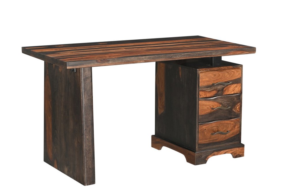 Escritorio de madera maciza de 54" con borde natural marrón y tres cajones