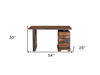 Escritorio de madera maciza de 54" con borde natural marrón y tres cajones